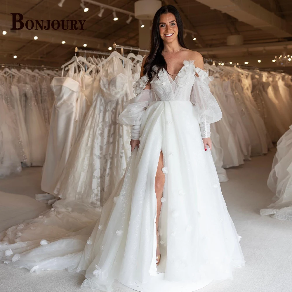 

BONJOURY Pastrol Slit Wedding Dresses For Woman 2024 Bride Puff Sleeves V-neck Tulle Appliques Robe De Mariée Custom Made