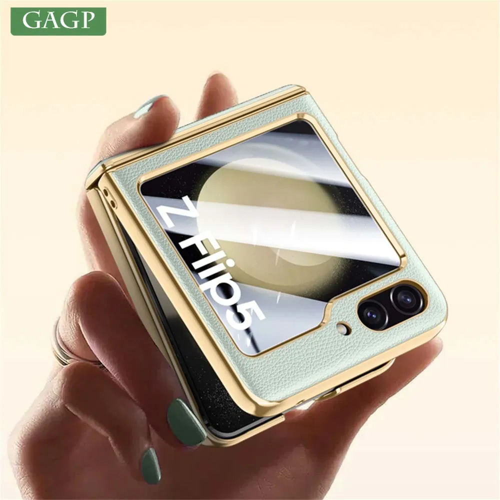 

For Samsung Galaxy Zflip 5 Luxury Plating Pure Leather Hinge Phone Case For Samsung Z Flip5 Folding Lens Protection Back Cover