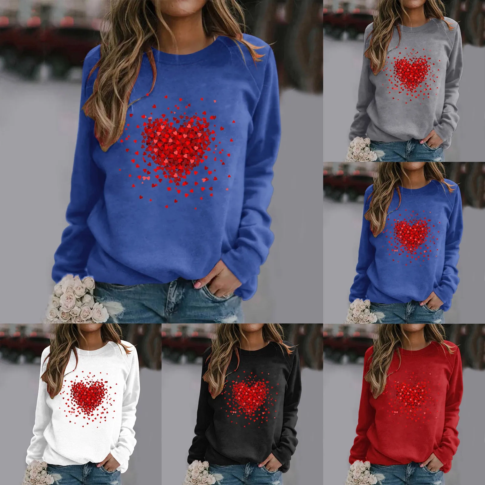 

Oversized Graphic Sweatshirt Women Valentine's Day Women's Sweatshirt Crew Neck Red Heart Print Long Ladies Zip up Sweater