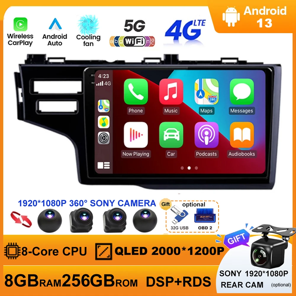 Android 13 Car Radio For Honda Jazz 3 2015 - 2020 Fit 3 GP GK 2013-2020 QLED Multimedia Player Navigation BT Carplay Auto GPS