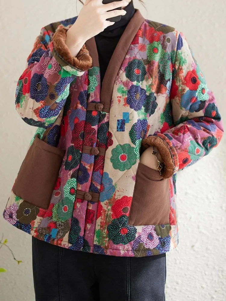 Зимнее пальто с цветочным принтом женское большого размера длинным рукавом