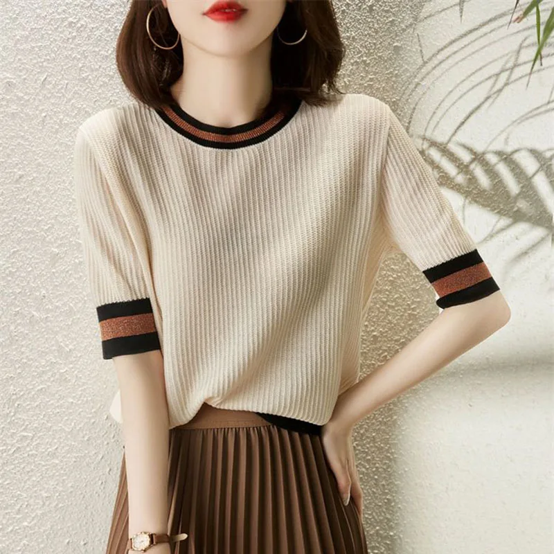 

Lucyever Knitted T-Shirts Woman Casual Striped Short Sleeve Knitwear Tops Women Summer Thin Loose O-Neck Pullover Tees De Mujer