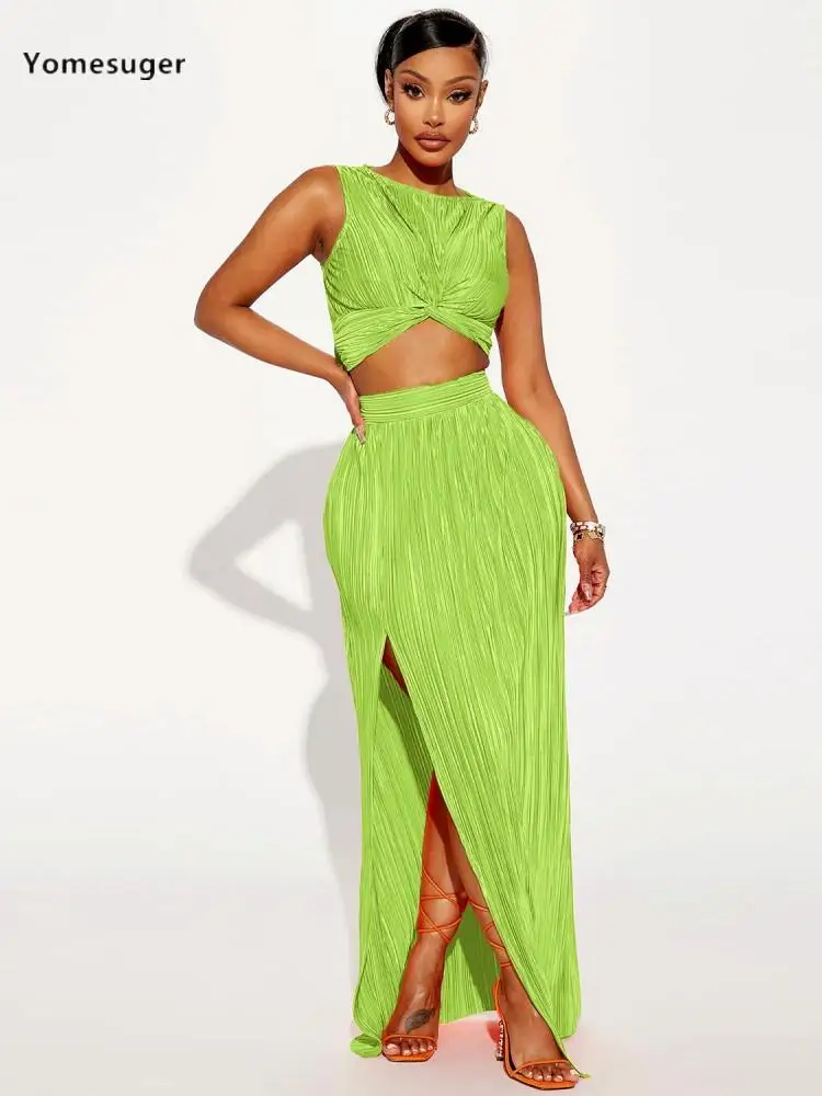 

Yomesuger Casual Pleated 2 Piece Set Women Sexy Crop Tank Tops+High Waist Slit Maxi Skirt Matching Summer 2023 Vacation Outfits