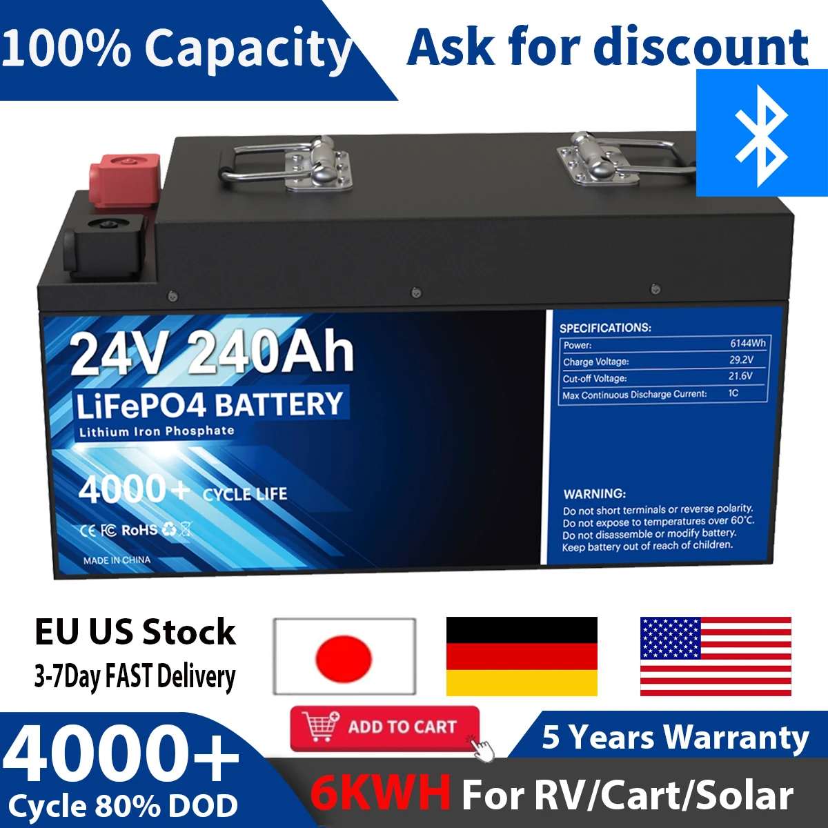 

Комплект литий-ионных солнечных батарей 24 в 100% Ач Bluetooth LiFePO4 4000 + Цикл управления IOS/Android для RV/дома/корзины ЕС США без НАЛОГА