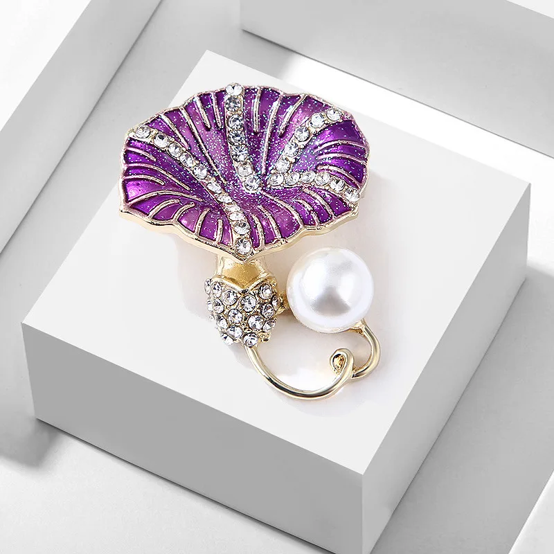 

TULX Purple Enamel Morning Glory Brooches for Women Rhinestone Flower Wedding Fashion Pearl Pins Elegant Coat Accessories Gift