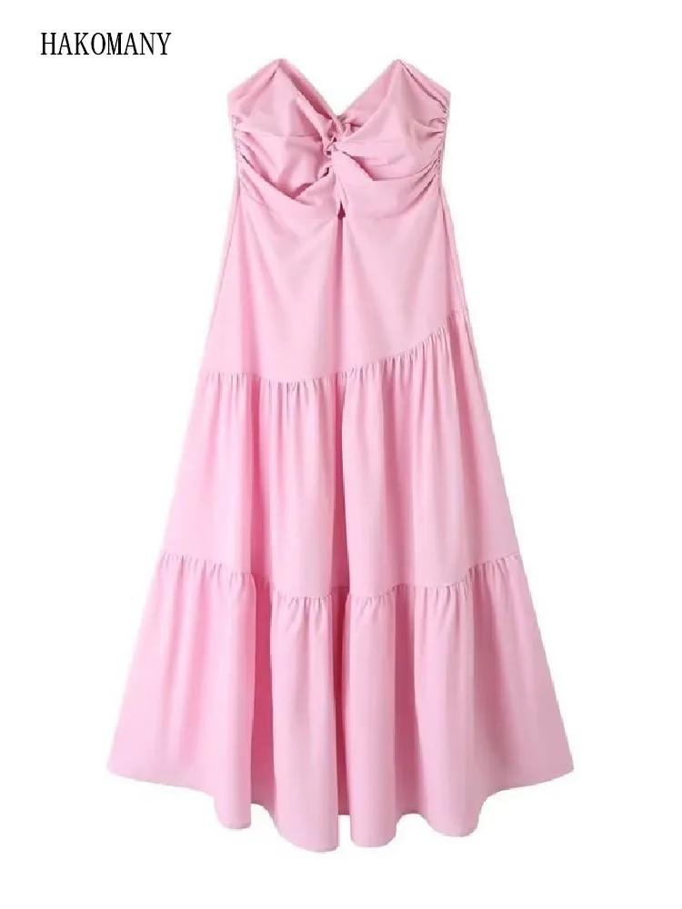 

2023 Women Elastic Back A-lined Swing Midi Long Holiday Robe Pink Apricot Sexy Bow Ruched V neck Corset style Strapless Dress