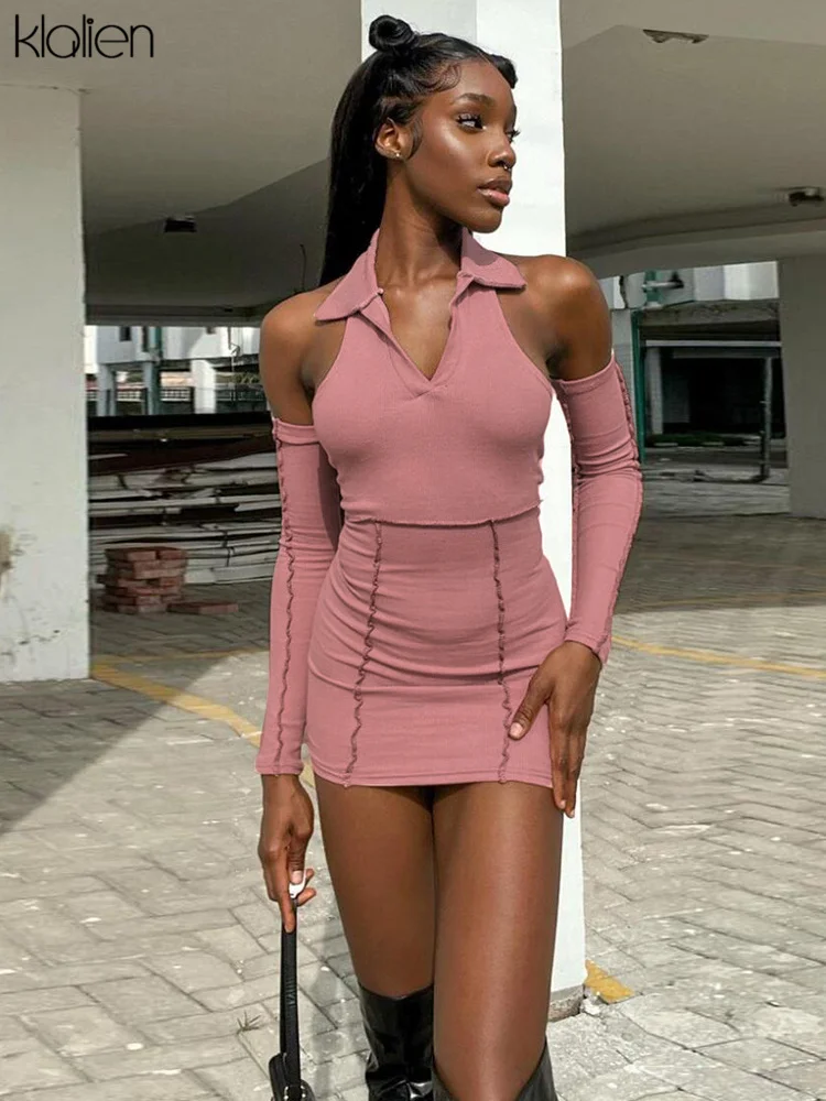 

KLALIEN Fashion Casual Knit Mini Bodycon Dress Women Summer Simple Elegant Solid Wild Office Lady Streetwear Party Night Dress