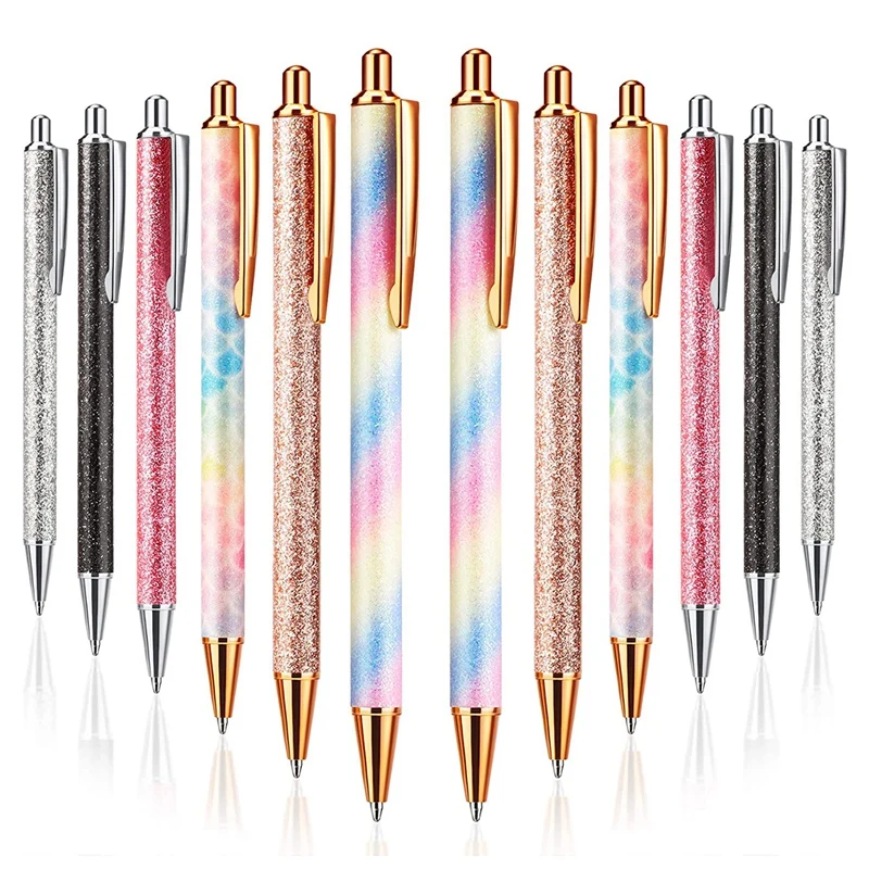

12 PCS Glitter Ballpoint Pens Rose Gold Click Ballpoint Pen Metal Glitter Pen Retractable Black Ink Medium Point Pens