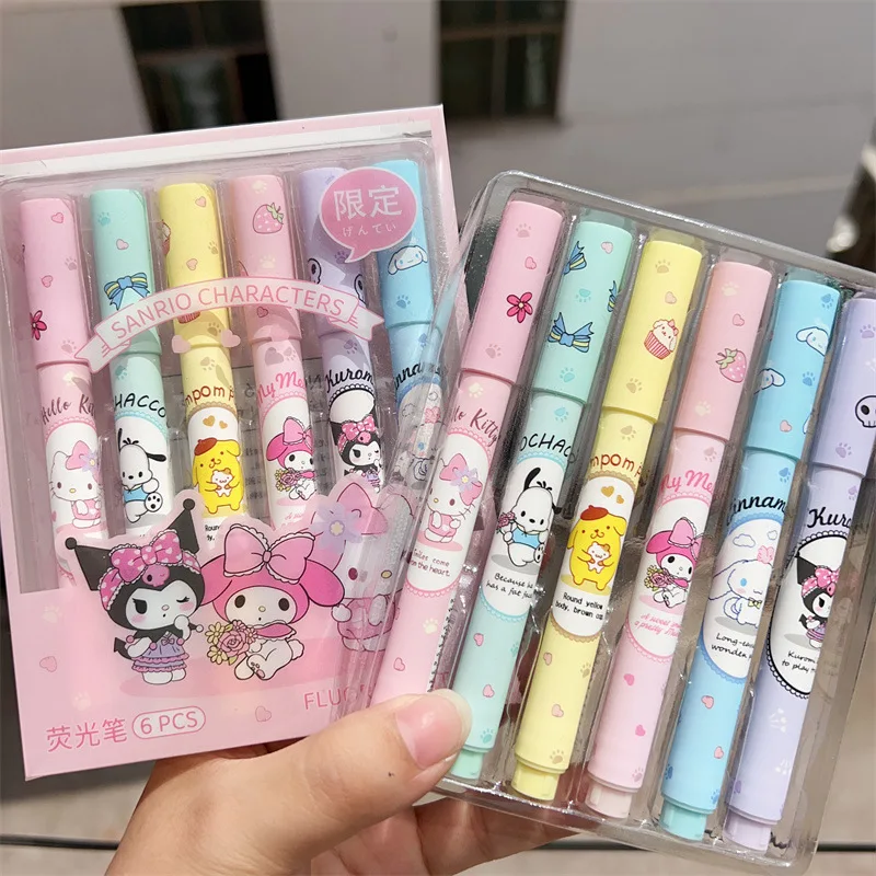 

Cute Sanrio Highlighter 6-Piece Box of Color Pens Kuromi Mymelody Cinnamoroll Hellokitty Girlish Heart Highlighter