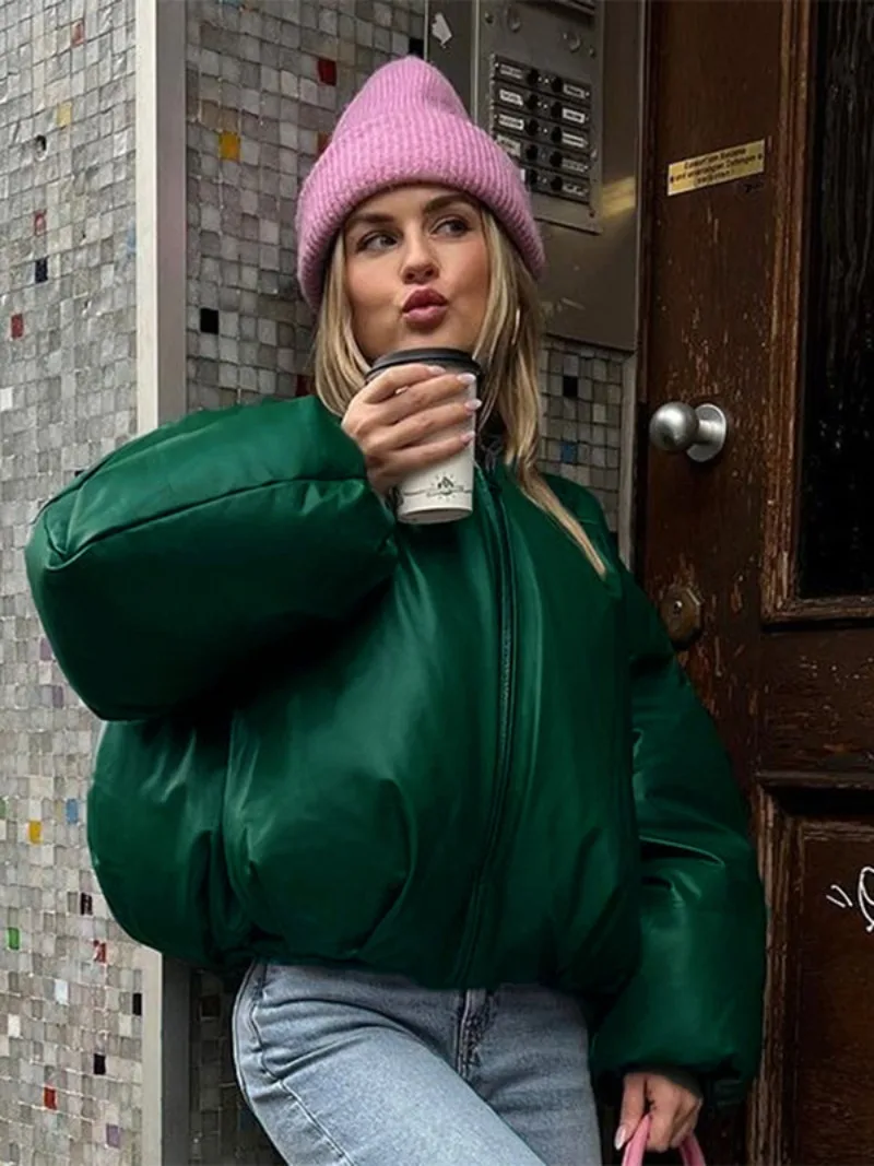 

Модные хлопковые Пузырьковые пальто для женщин в стиле High Street 2023, зимние теплые толстые короткие парки на молнии с длинным рукавом, Женская однотонная верхняя одежда