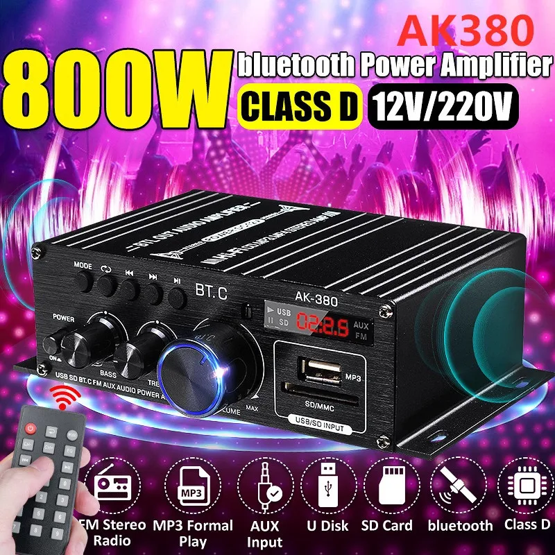 Усилитель мощности AK380/AK370/AK170, аудиоусилитель для домашнего кинотеатра, караоке, 2-канальный усилитель Bluetooth класса D, USB/SD AUX вход