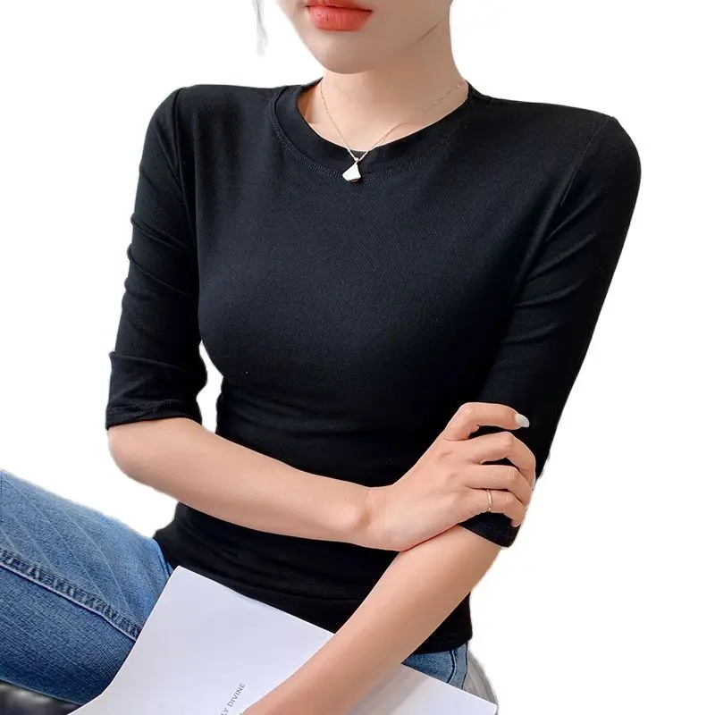 

Spring Fall Women Cotton T-shirt Three Quarters Sleeves Round Neck Slim Fit New Designs Lady Tops