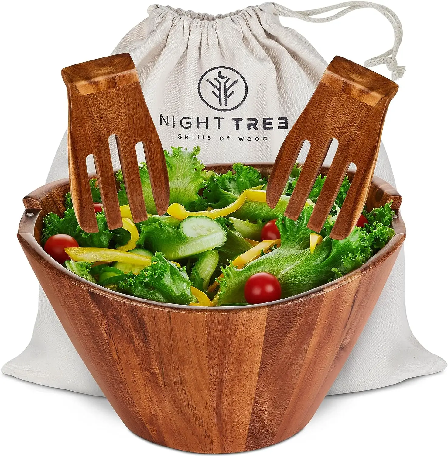 

salad bowl set with serving forks mixing - serving utensils attached to large acacia wood bowl for 6-8 helpings - unique wood b