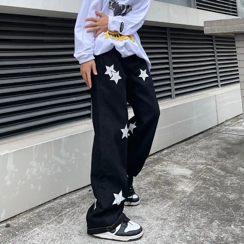 

Уличные джинсовые брюки Y2k в стиле хип-хоп со звездами, новинка, модные повседневные свободные прямые джинсы в стиле Ins, трендовые панковские...