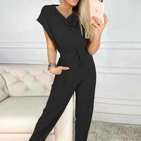 womens 2022 summer new sleeveless jumpsuit solid color loose casual jumpsuit waist closure lace up casual straight leg pants