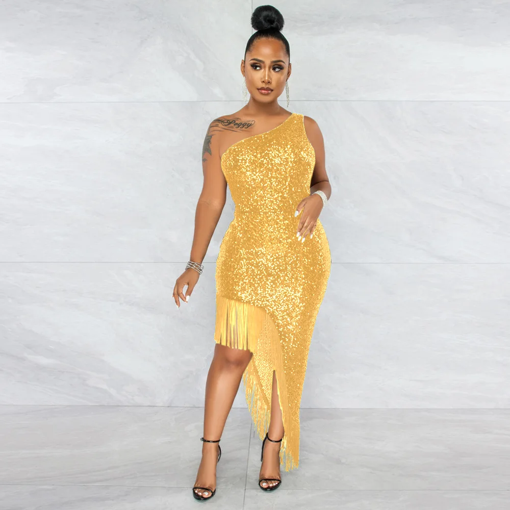 Women Sexy Sequined Tassels Party Dress One Shoulder Sleeveless Prom Evening Dress Fashion Bodycon Nightclub Dresses