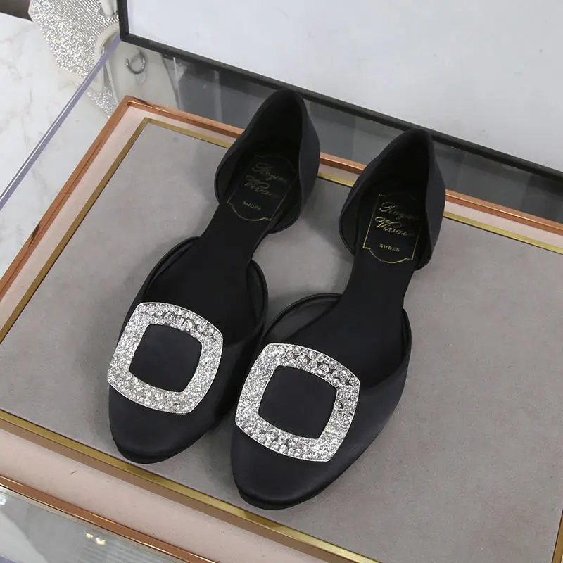 Designer Flat Shoes Women Loafers Satin Rhinestone Square Buckle Party Dress Shoes Sexy Wedding Shoes 2023 New Zapatos De Mujer