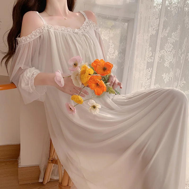 Long Night Dress Women Lace Mesh Sexy Strap Sleepwear Nightgowns Homewear Long Sleeve White Princess Sleepshirt Spring Nightwear