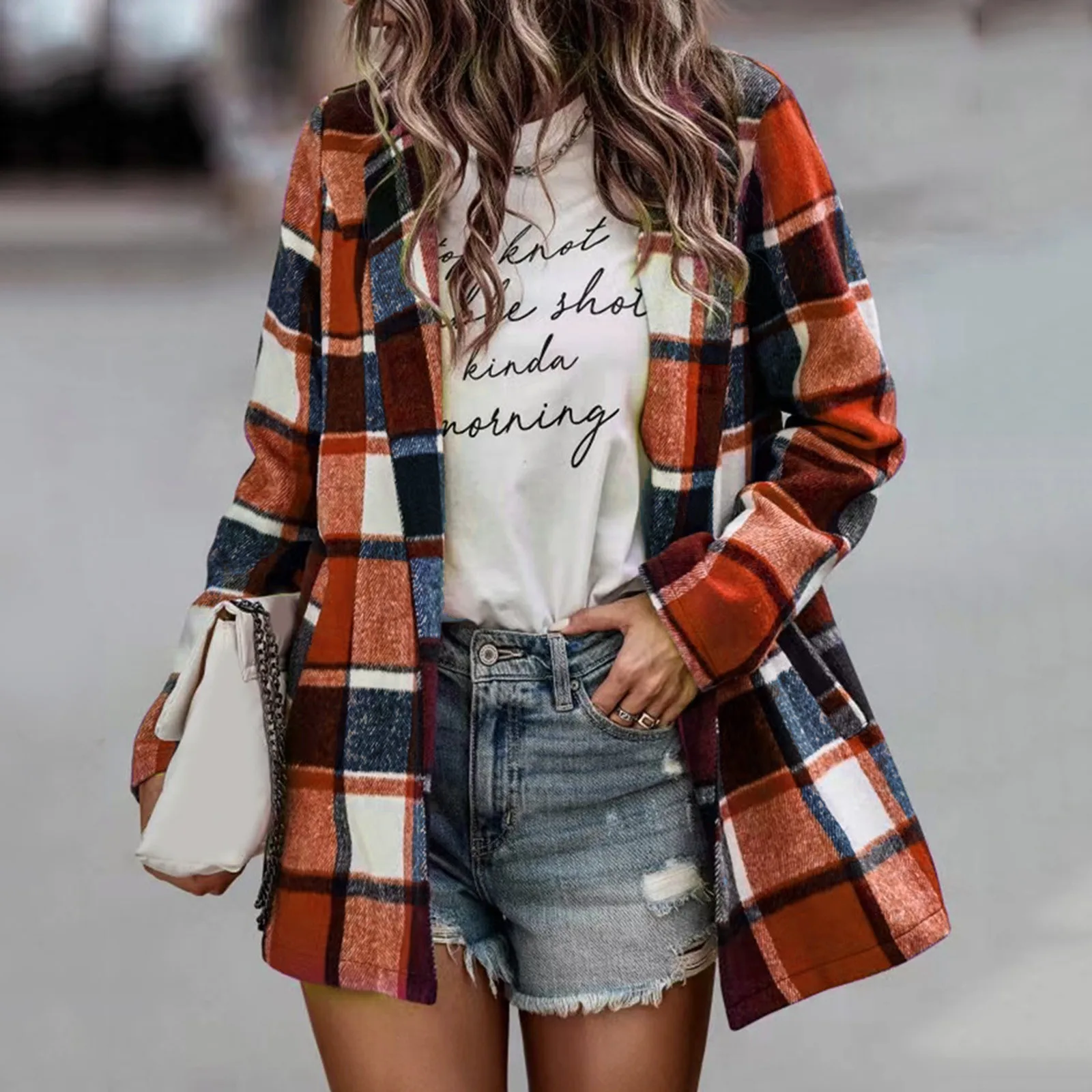 

Women's Flannel Plaid Coat Light Weight Thin Tops Shirts Raglan Long Sleeve Button Down Chest Fashion Button Down Outerwear