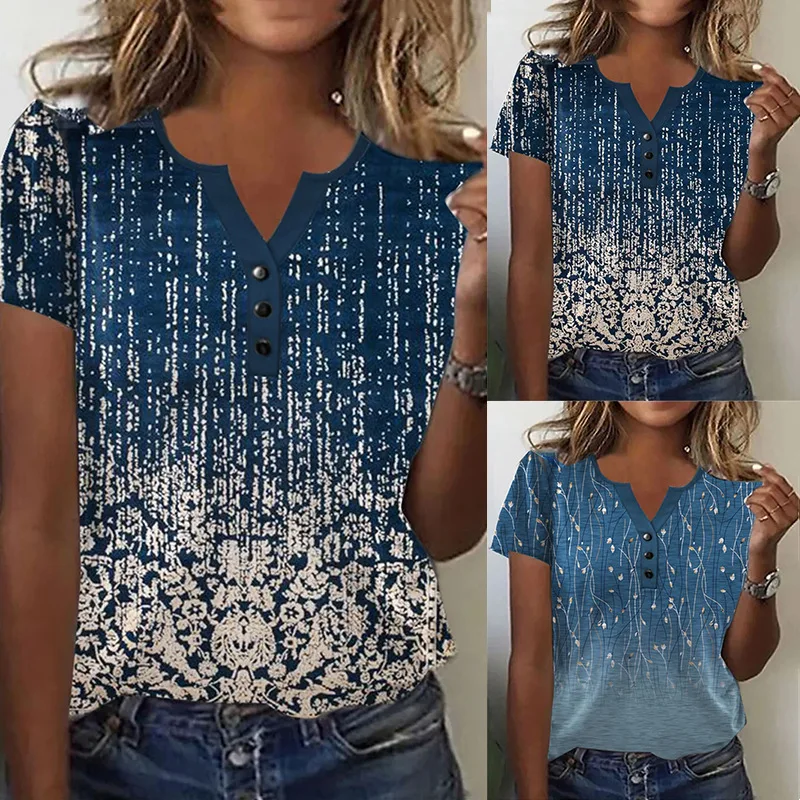 

Women's 2023 Summer New Loose V-Neck Button Short Sleeve Print Top T-Shirt Woman Female Casual All-Match Tops Lady Shirts