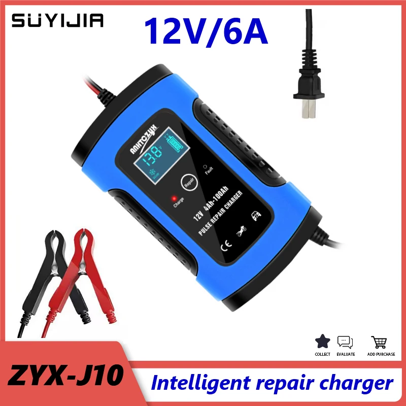 

12V/ 6A Full Automatic Car Battery Charger 110V 220V Intelligent Fast Power Charging Pulse Wet Dry Lead Acid Digital LCD Display