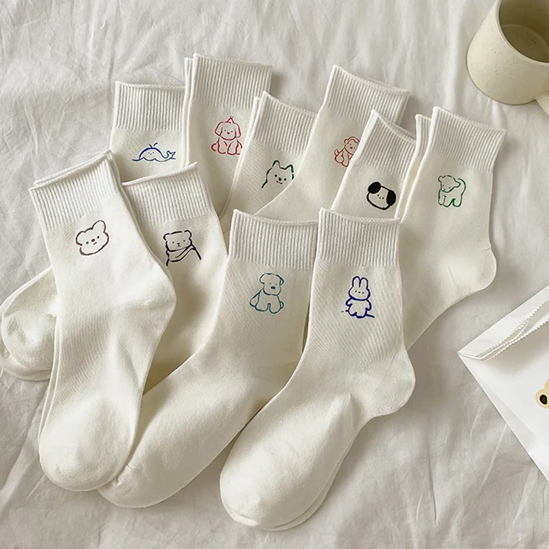

Women Socks Winter Cute Cartoon Animal White Cotton Socks Rabbit Bear Dog Cat Print Female Casual Socks Calcetines