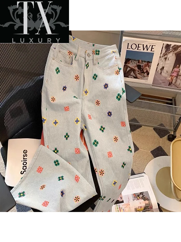 

Wide Pant Women Jeans Summer Waist Blue Flower Print Straight Leg Slouchy Denim Trouser 2022 Casual High Street Clothes