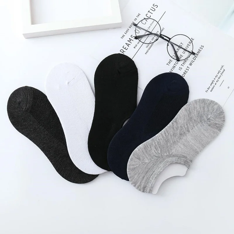 5 Pairs Men Summer Solid Color Short Socks Breathable Soft Silicone Non-slip Invisible Boat Socks Male Low Cut Casual Ankle Sock