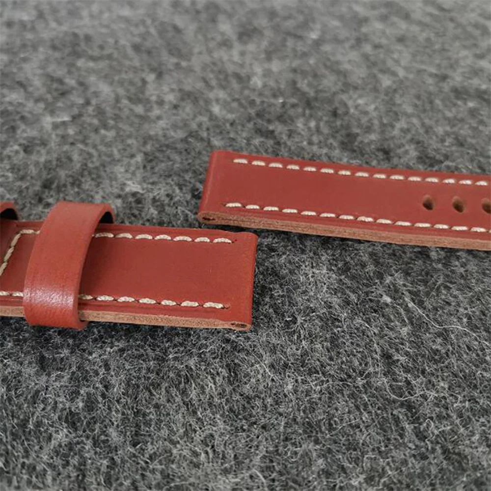 Watch Accessories Fashionable Simple Watchband 24mm Red-brown Leather Strap Stainless Steel Pin Buckle