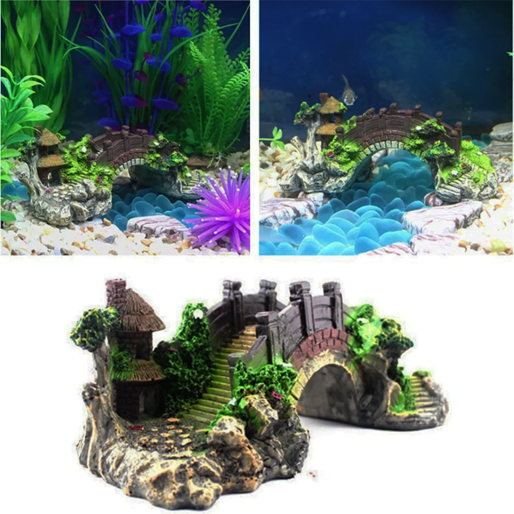 

Vintage Bridge Landscape Fish Tank Decor Ornaments Pavilion Plants Design Home Fish Tank Aquarium Decoration