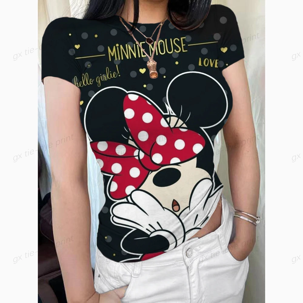

Облегающая рубашка Y2K с коротким рукавом, Женская облегающая уличная одежда, базовый модный короткий топ с круглым вырезом, сексуальная облегающая футболка с принтом Микки Диснея