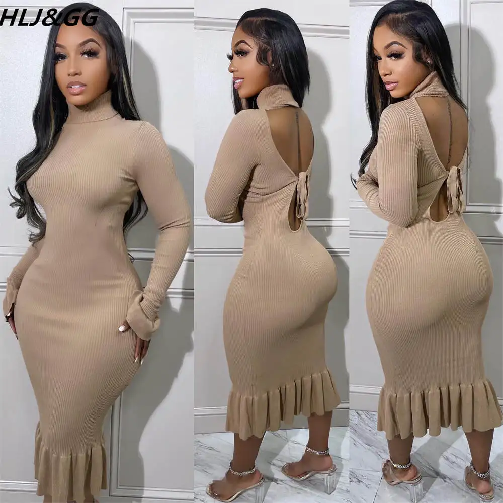 

HLJ&GG Fall Winter Rib Turtleneck Backless Party Dress Casual Solid Long Sleeve Lace Up Bodycon Mid Vestidos Women Slim Clothing