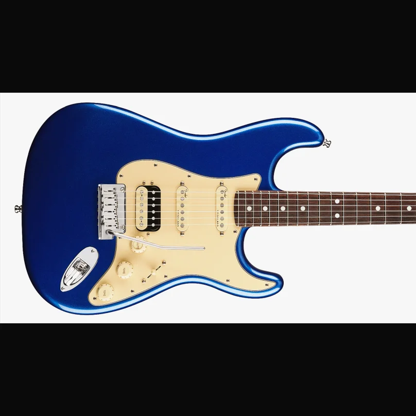 

Металлическая синяя цветная ультра ST электрическая гитара, твердый корпус, подставка из розового дерева, желтая накладка, пикапы SSH