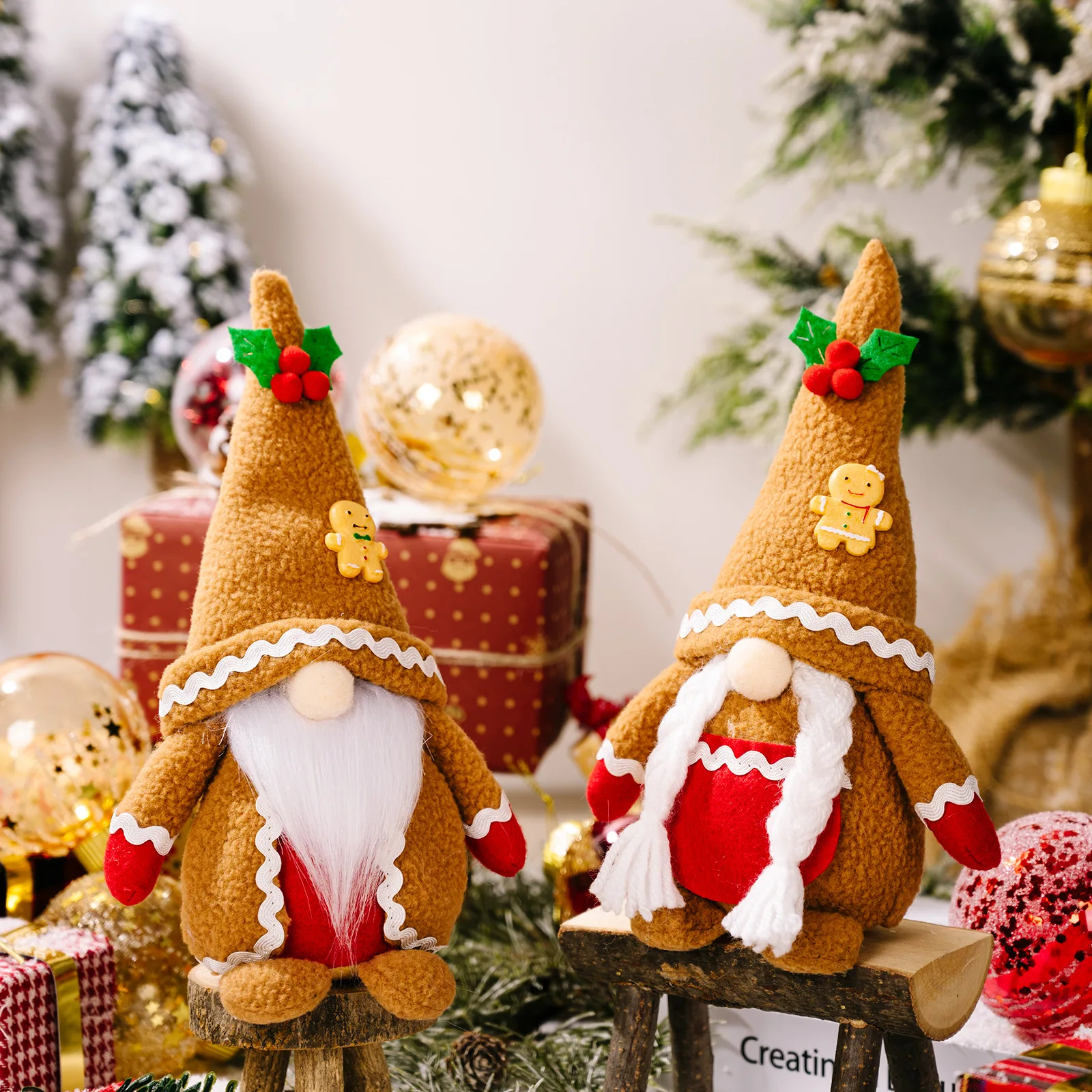 Christmas New Decorative Ornaments Khaki Gingerbread Man Knitted Pointed Hat Rudolph Doll Window Decorative Ornaments