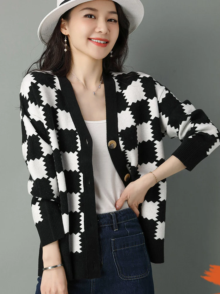 

TIGENA 2022 Fall Winter Vintage Plaid Cardigan Women Korean Elegant Long Sleeve Knitted Sweater Jacket Female sueters de mujer