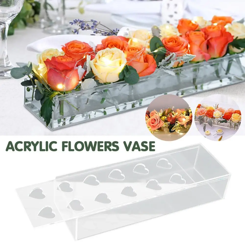 

16-24Holes Love Acrylic Flower Box INS Style Low Rise Hydroponic Rose Vase For Wedding Party Dining Table Decoration Transparent