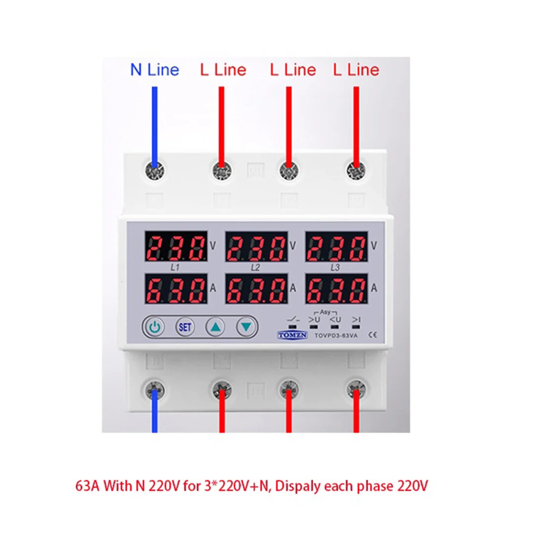 3-фазное реле напряжения TOMZN Din Rail 3 P + N вольтметр амперметр контроля