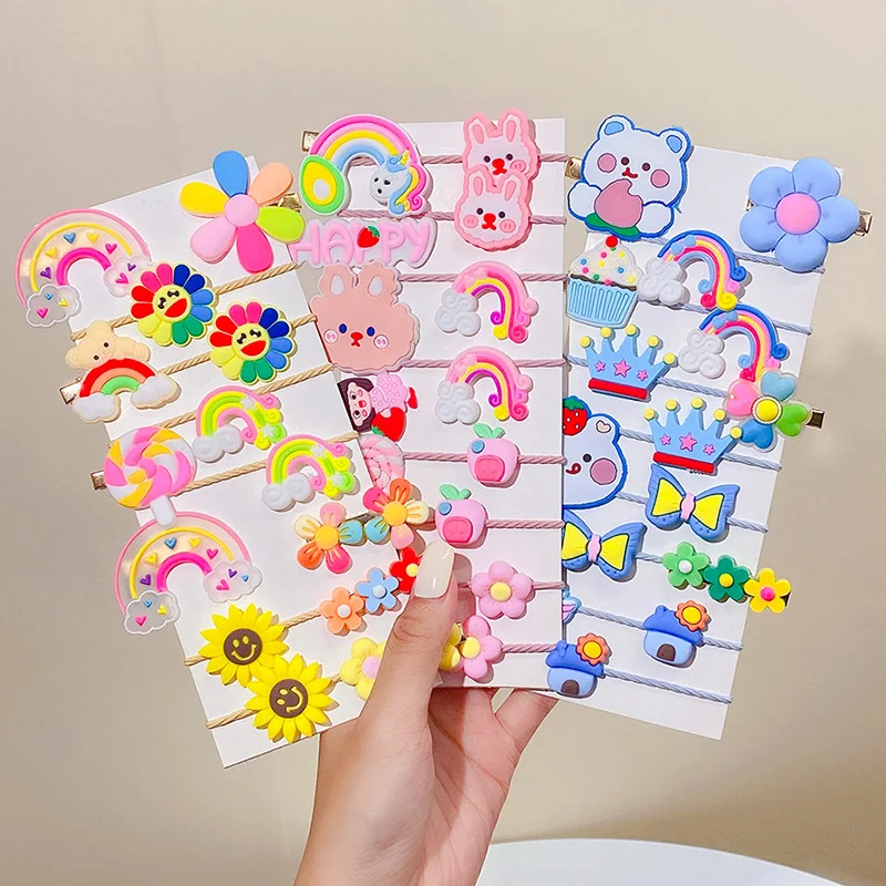 

15Pcs/Set Cute Cartoon Animal Rainbow Flower Hair Clips For Girls Sweet Colorful Elastic Hair Bands Scrunchies Hair Accessories