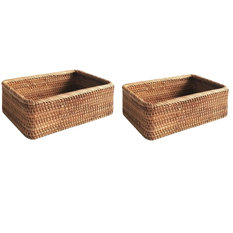 

2X Hand-Woven Rectangular Rattan Wicker Basket Fruit Tea Snack Bread Picnic Cosmetic Storage Box L & M