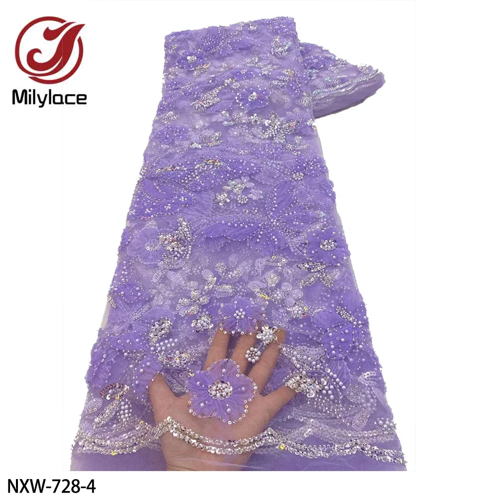 

African Lace Frabric High Quality French Lace Sequins Beaded Embroidered Lace Fabric for Nigerian Lace Fabrics NXW-728