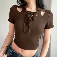 sexy women y2k style crop top o neck tshirt soild color hollow out streetwear turn down short sleeve t shirt crop knitted top