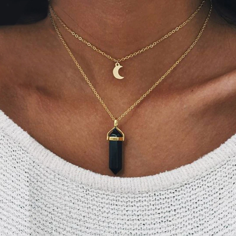 

FSUNION Fashion Bohemia Natural Stone Moon Choker Gold Color Crystal Pendant Necklace For Women Wedding Party Jewelry 2023 Gifts