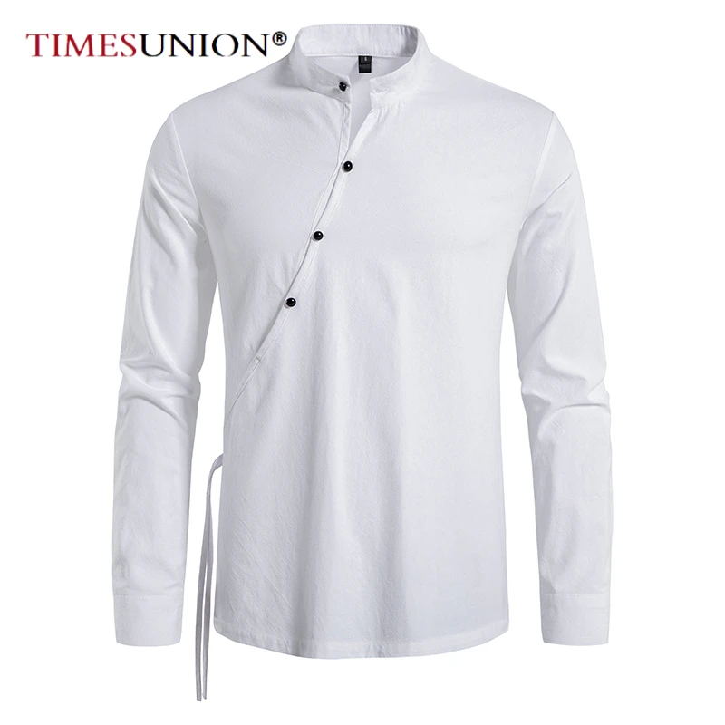 Slanted Placket Long Sleeves Men's Shirts Retro Whte Summer Shirt Linen Cotton Kung Fu Yoga Clothing