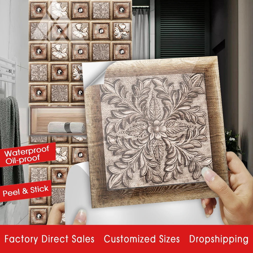 

Brown Wood Grain Pattern Crystal Hard Tiles Wall Sticker Kitchen Wardrobe Art Mural Peel & Stick Wallpaper Home Decor 10pcs/set
