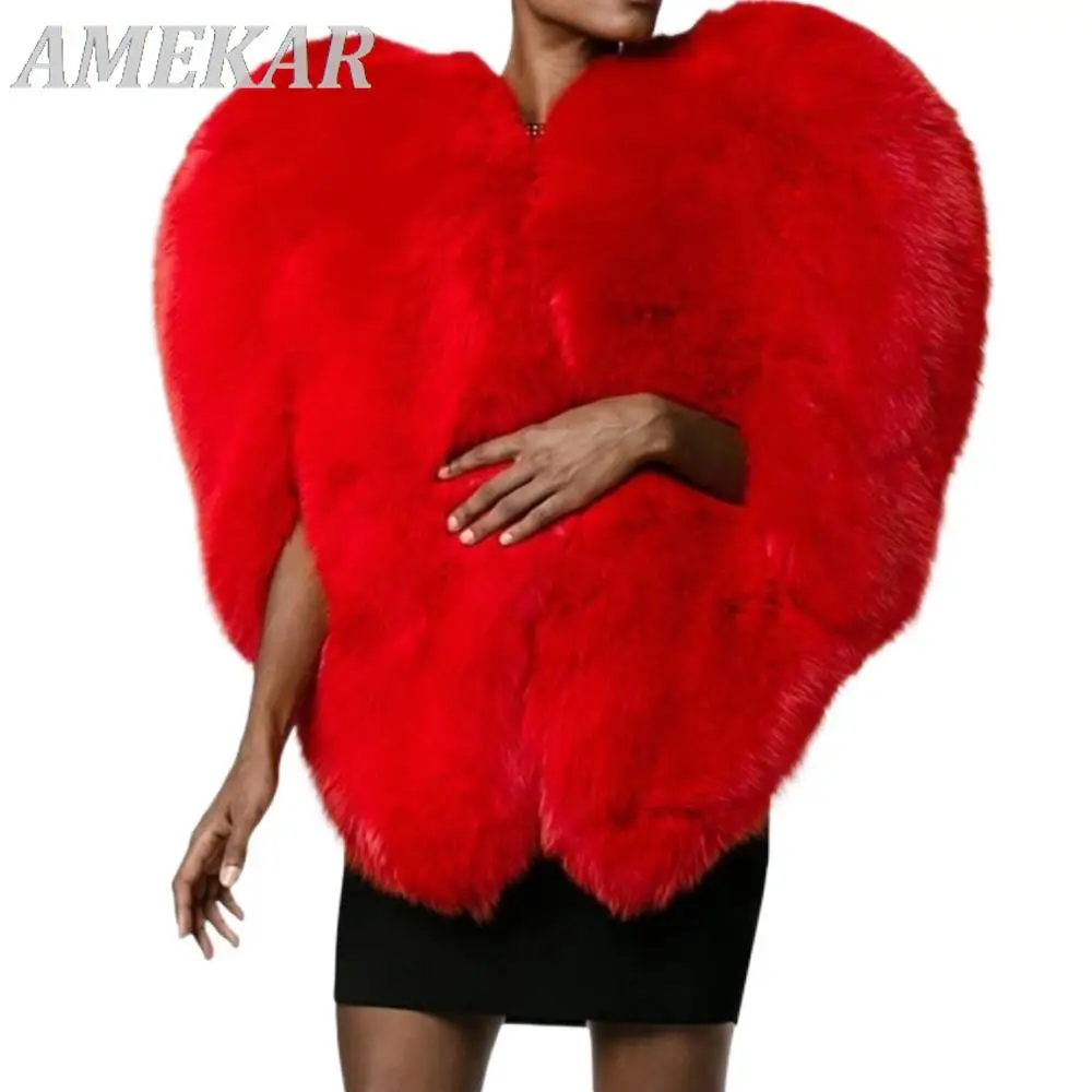 Women's New Winter Red Heart Pattern Real Fur Coat Personality Designer O Collar Sleeveless Exaggerated Ladies Coat Fashion Tide