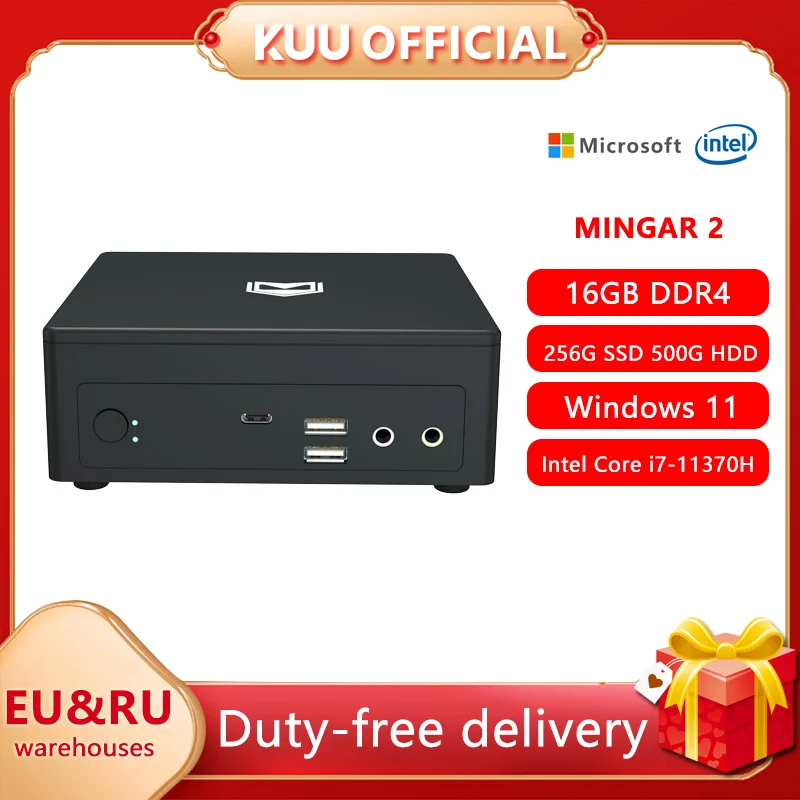 KUU Mingar 2 Intel Core i7 11370H MiNi PC16GB DDR4 256GB SSD 500G HDD Windows 11 Gaming Desktop Computer Linux With RJ45 Port