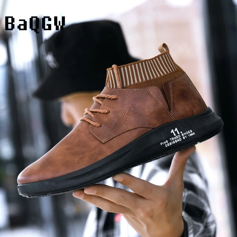 

England Style PU Vamp Casual Shoes Men Sneakers Socks Slip-On Lace-up Solid Color Fashion Spring Autumn Comfortable Sport New