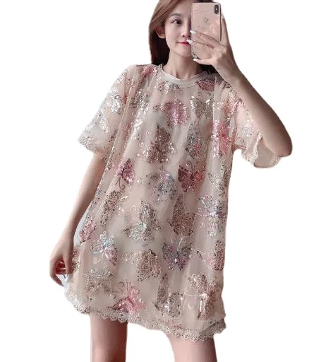 

Ins Hot Women Long Sequined party T-shirts Lady Bling Bling Shiny Tees Femme Embroidery T-shirts Women club Sequins Tops