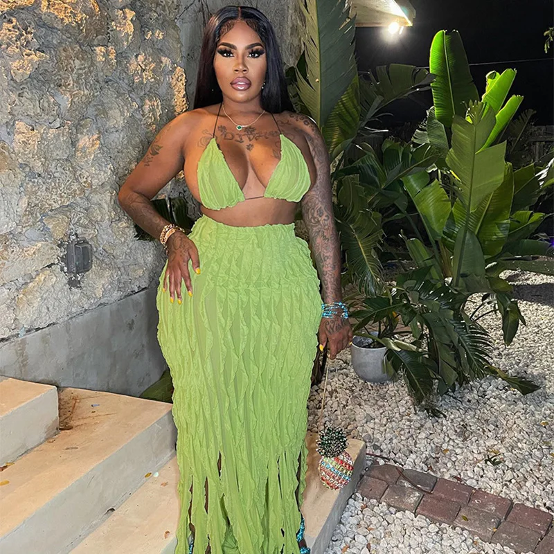 

Wave Tassel Women 2 Piece Set Spaghetti Straps Bikini Long Maxi Skirts Matching Dress Set 2023 Summer Beach Bathing Tracksuits