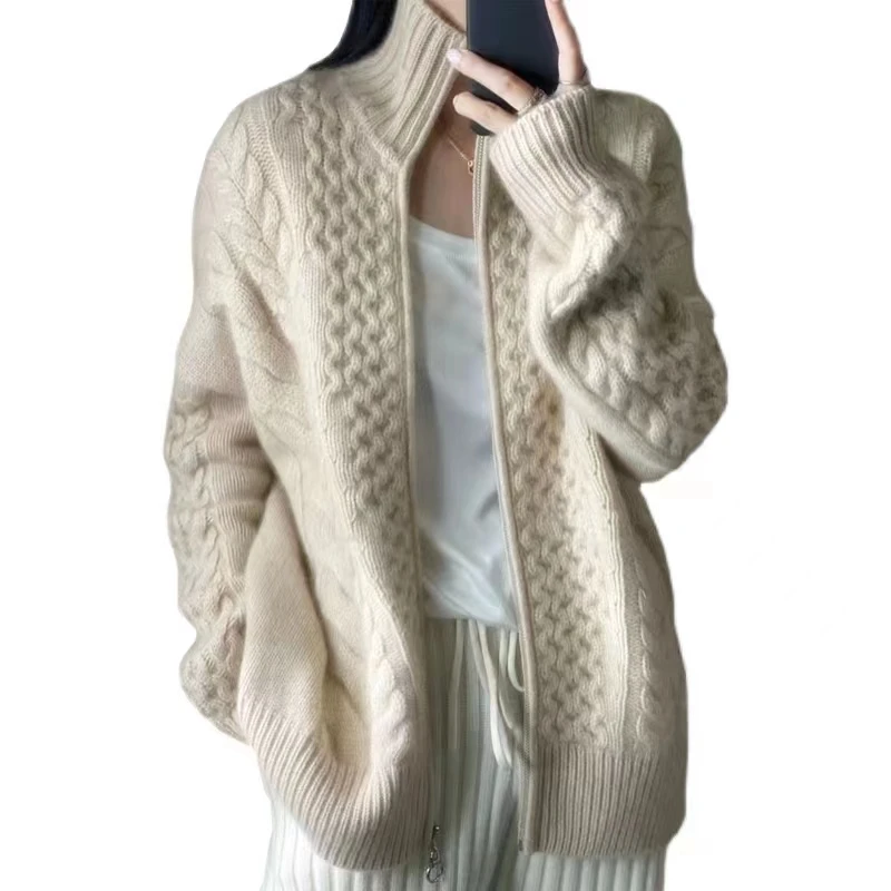 Autumn/Winter New Thicken Turtleneck 100% Wool Knitted Cardigan Women's Loose Warm Sweater Cardigans Larg Size Female Jacket Top